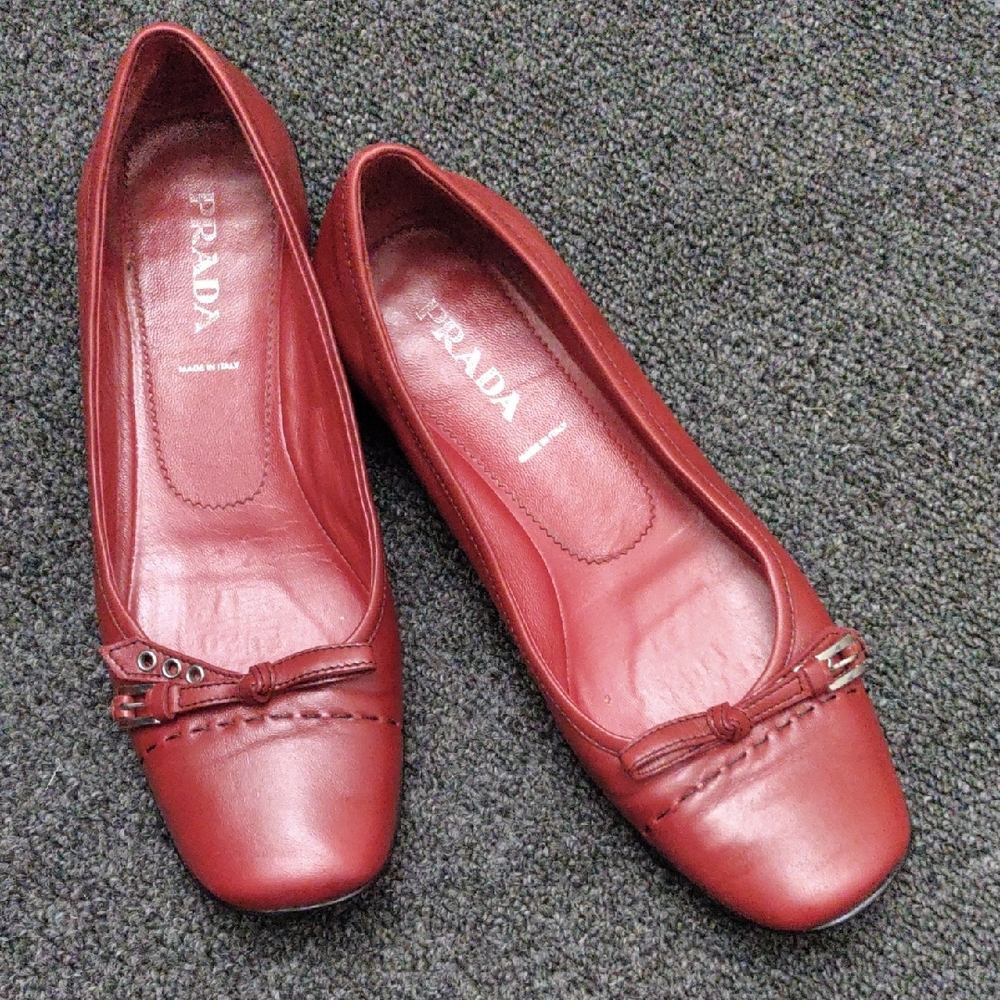 Prada Red Leather Square Toe Flats/Loafers